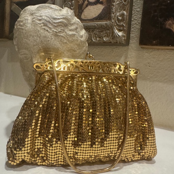 VTG 1940s Whiting‎ & Davis Gold Mesh Flapper Bag Purse | Brass Pierced Frame - Picture 11 of 11